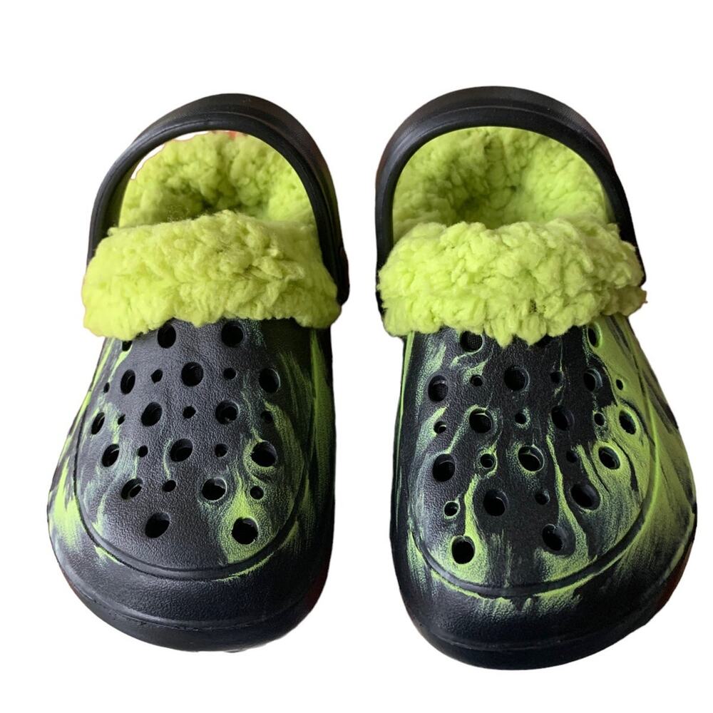 Boys Lily and Dan Clogs Warm Lined Size 7/8 Black Green Swirl Removable Sock NEW